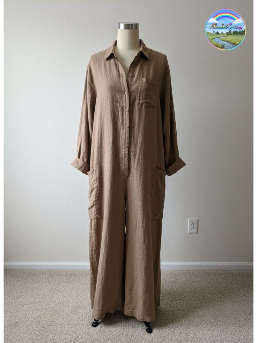Women Linen Button Down Long Sleeve Wide Leg Jumpsuit Beach Palazzo Pants One
